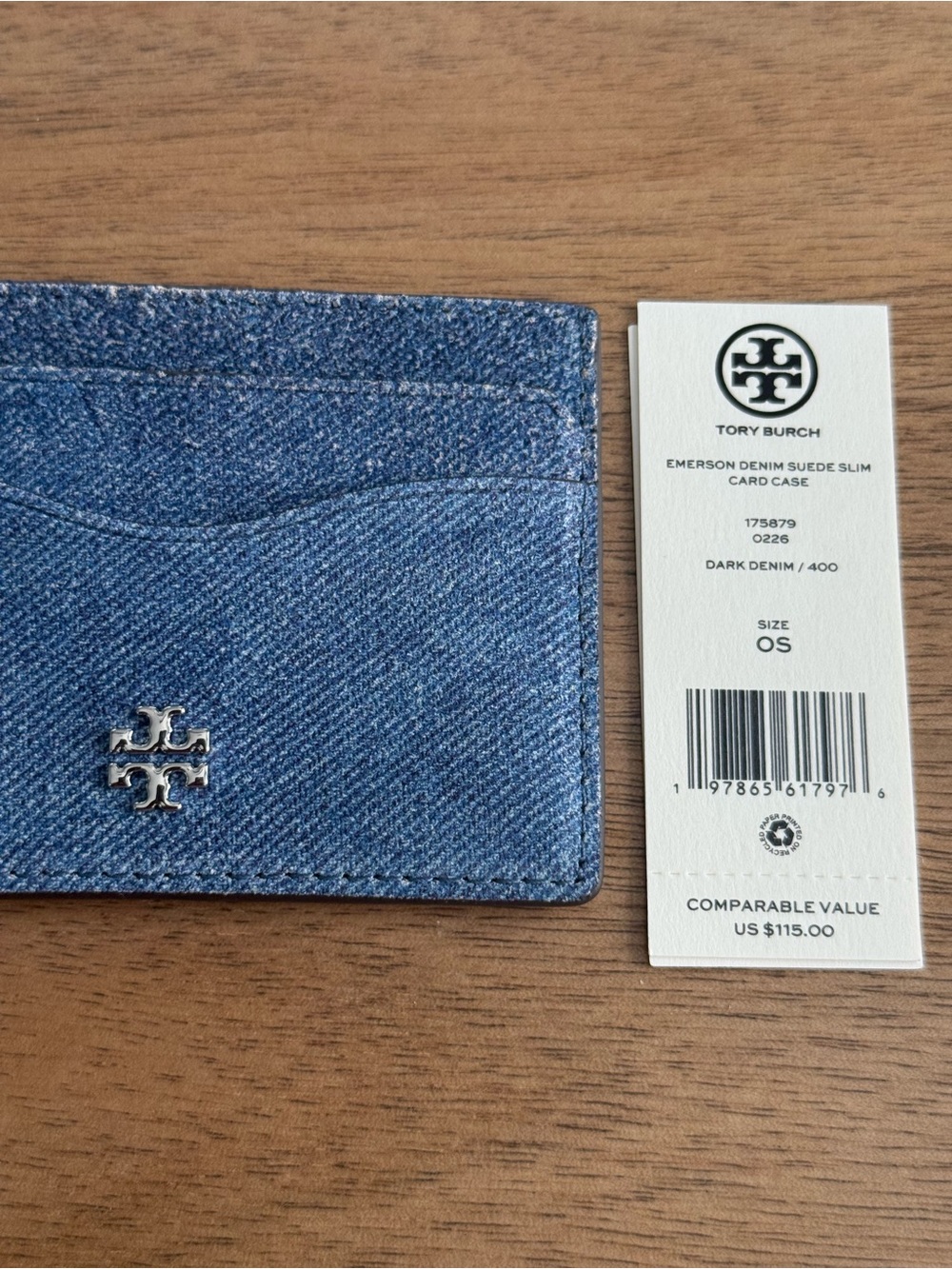 Tory Burch Dark Denim Slim Card Case with Silver Logo - Picture 3 of 5